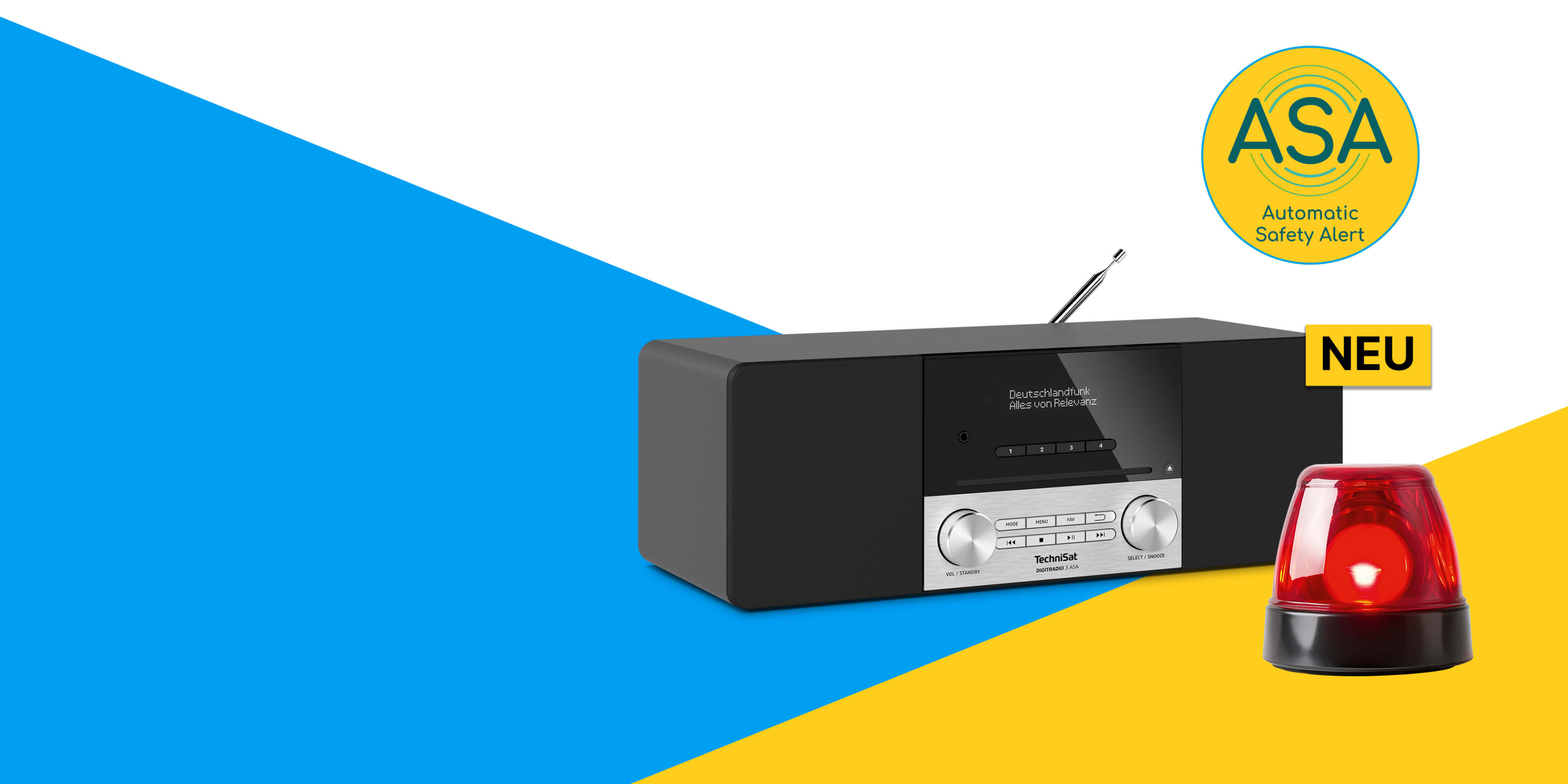 
Katastrophenschutz über DAB+
Mit dem DIGITRADIO 3 ASA bringt TechniSat ein erstes Gerät mit der neuen ASA-Technologie auf den Markt.
Mehr erfahren
